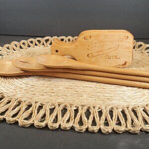 Vintage "Petite Cuts" Small Wooden Cutting Boards & Hand-Carved Wood Spoon Set